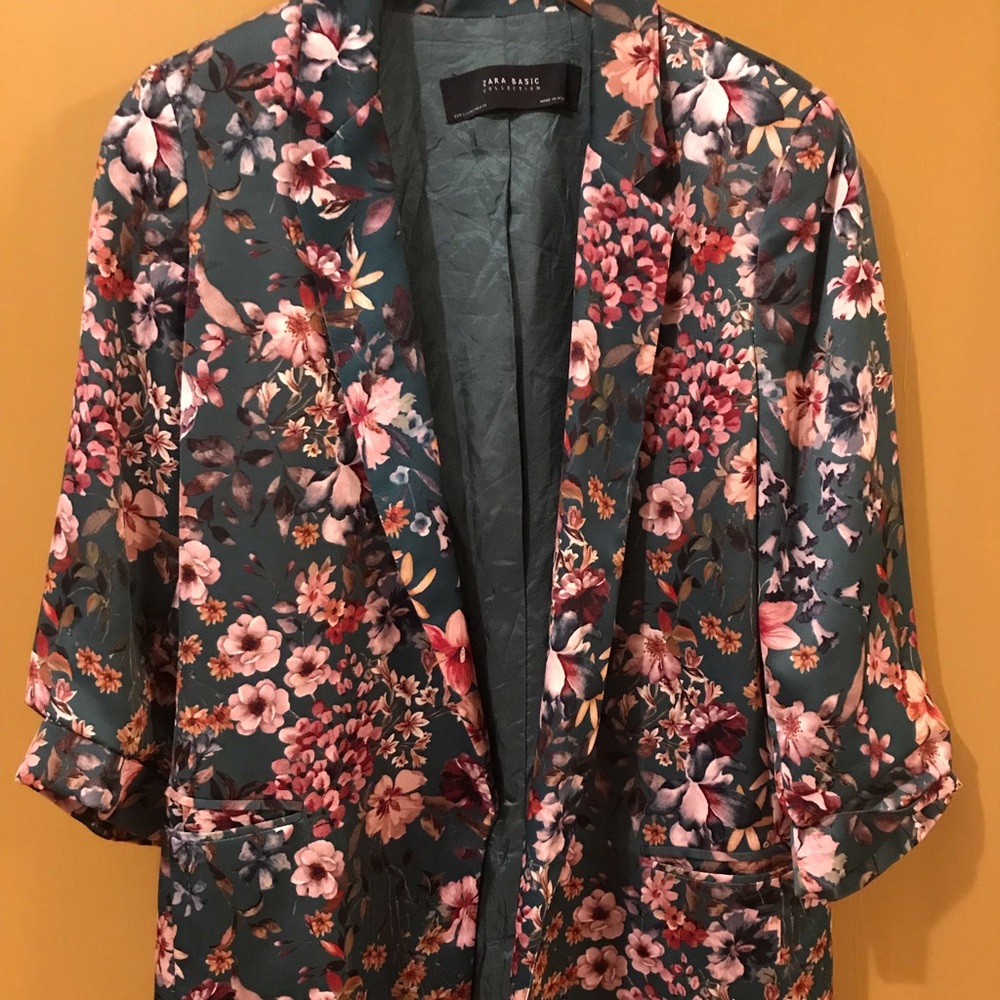 Zara floral emerald deep green blazer small vegan